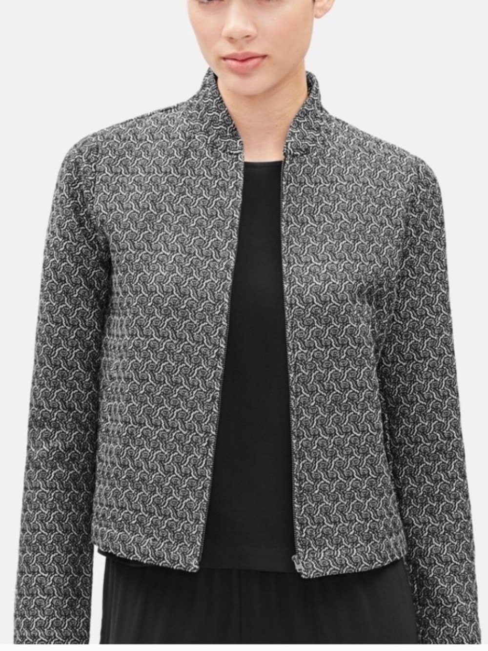 Eileen Fisher Rosette Jacquard Jacket Full Zip Jacket Blazer Gray Black Size L